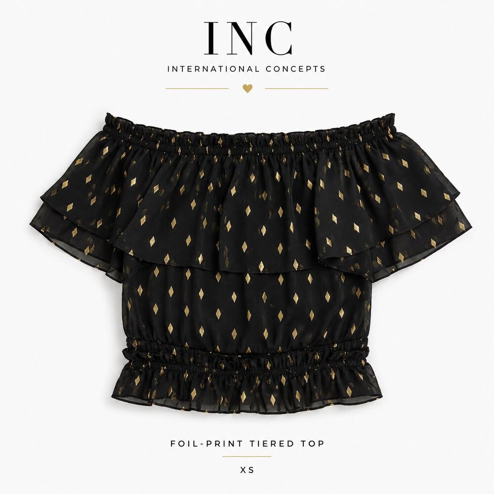 INC XS NWT Black Foil-Print Tiered Top | Off-Shoulder Chic